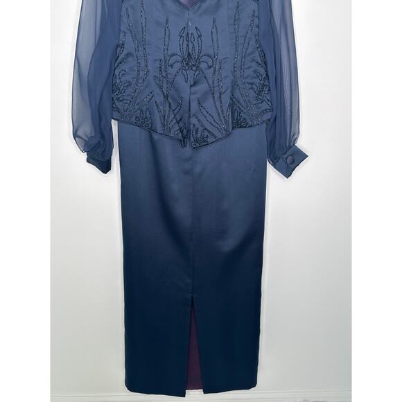 1990s Eve of Milady Navy Beaded Evening Dress with Sheer Sleeves M - L - Picture 13 of 14